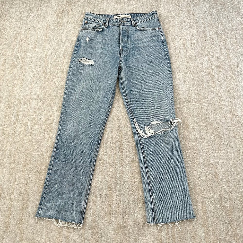 Grlfrnd Carolina Straight High Rise Crop Jeans 26 Larchmont Ripped Light Wash